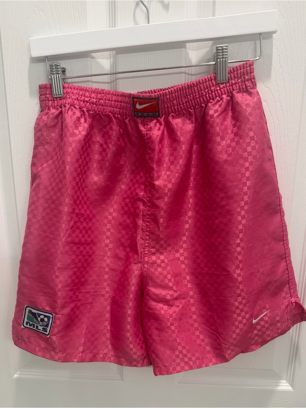 Vtg 90s Nike Team MLS Soccer Shorts Pink Satin Shiny Nylon Checkerboard Men XL